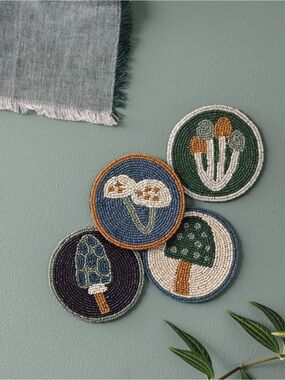 Handmade Beaded Mushroom Coasters Set of 4 Home Decor